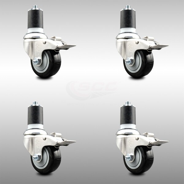 Service Caster 3.5 Inch 316SS Black Poly Swivel 1-3/4 Inch Expanding Stem Caster Set Lock Brake SCC-SS316TTLEX20S3514-PPUB-BLK-134-4 - main